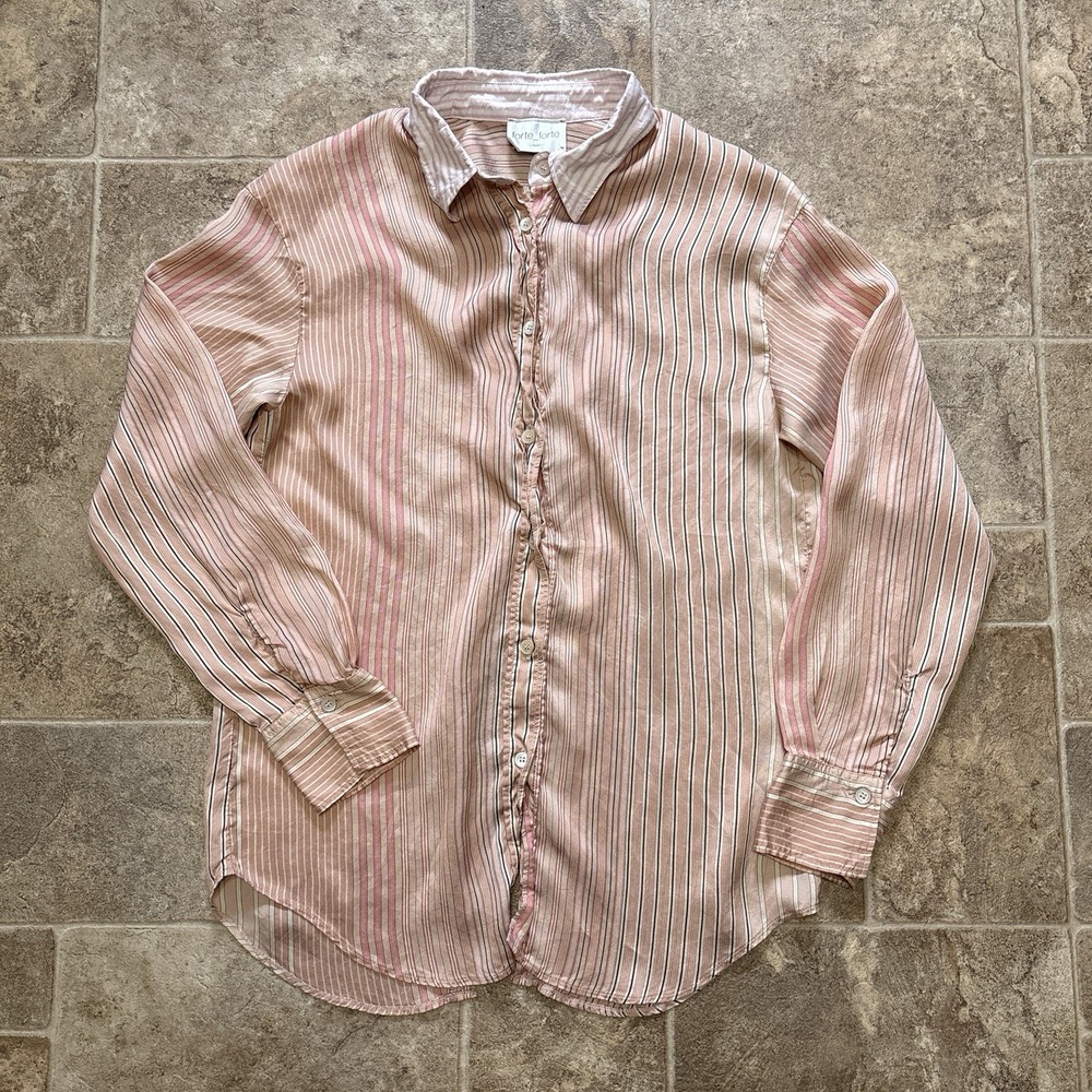 forte_forte Striped Silk Blend Open Back Blouse 1 Draped Button Peach Coral
